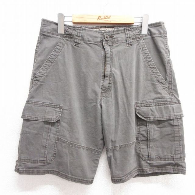 W33★古着 ラングラー Wrangler ショート カーゴ パンツ ショーツ メンズ リップストップ 濃緑 グリーン 25jun11 中古 ボトムス 短パン ショーパン