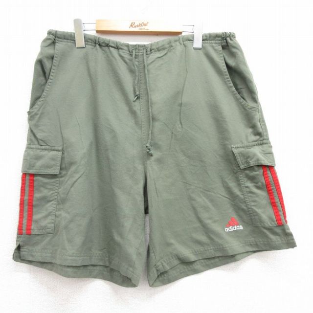 W36★古着 アディダス adidas ショート ナイロン カーゴ パンツ ショーツ メンズ 90年代 90s ワンポイントロゴ 濃緑 グリーン 3本ライン 【spe】 25jun13 中古 ボトムス 短パン ショーパン