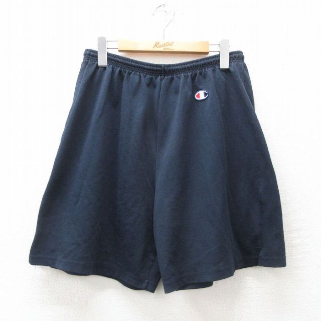 W33★古着 チャンピオン champion ショート イージー パンツ ショーツ メンズ 00年代 00s ワンポイントロゴ 紺 ネイビー 25jun17 中古 ボトムス 短パン ショーパン