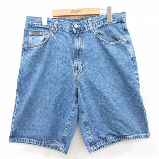 W33★古着 カルバンクライン Calvin Klein ショート パンツ ショーツ メンズ コットン USA製 紺 ネイビー デニム 【spe】 25jun17 中古 ボトムス 短パン ショーパン ハーフ