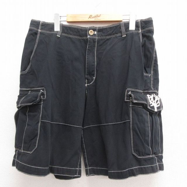 W34★古着 ティンバーランド ショート カーゴ パンツ ショーツ メンズ ワンポイントロゴ コットン 黒 ブラック 【spe】 25jun18 中古 ボトムス 短パン ショーパン