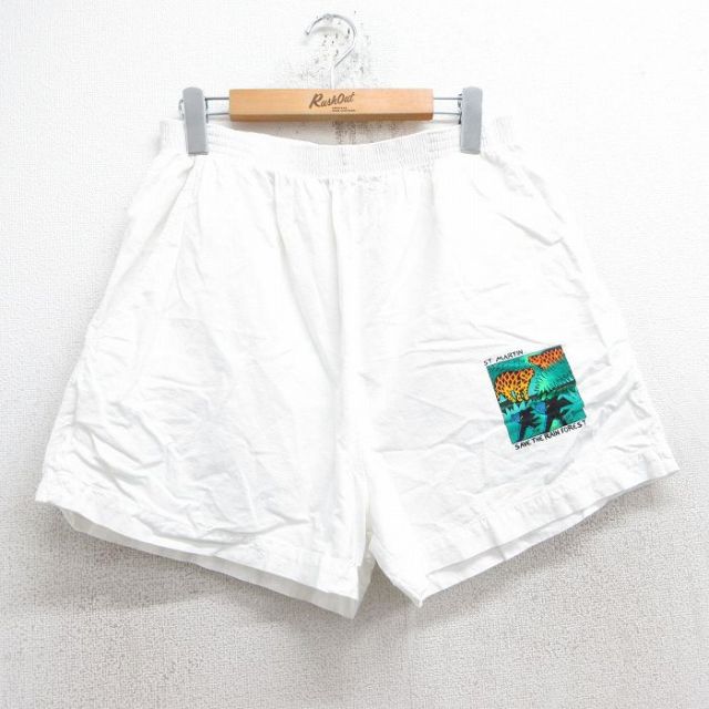 W33★古着 ショート パンツ ショーツ メンズ 90年代 90s 動物 コットン 白 ホワイト 25jun18 中古 ボトムス 短パン ショーパン ハーフ