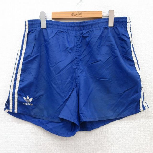 W35★古着 アディダス adidas ショート トレーニング パンツ ショーツ メンズ 90年代 90s ワンポイントロゴ リーフ トレフォイル USA製 青 ブルー 3本ライン 【spe】 25jun18 中古 ボトムス 短パン ショーパン