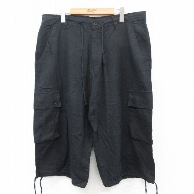 W38★古着 ショート カーゴ パンツ ショーツ メンズ リネン 黒 ブラック 25jun18 中古 ボトムス 短パン ショーパン