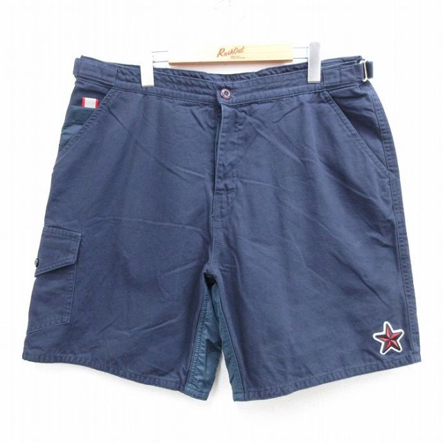 W37★古着 ショート パンツ ショーツ メンズ BIRDWELL 星 コットン USA製 濃紺 ネイビー 25jun23 中古 ボトムス 短パン ショーパン ハーフ