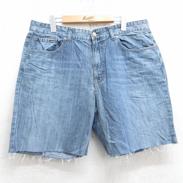【50%OFF】W35★古着 ショート パンツ ショーツ メンズ ヒゲ コットン 紺 ネイビー デニム 25jun25 中古 ボトムス 短パン ショーパン ハーフ