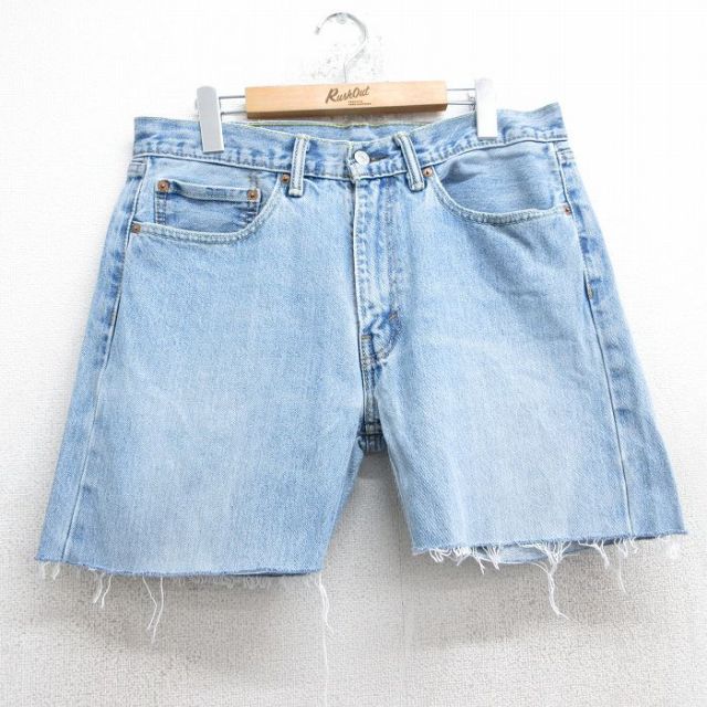 W34★古着 リーバイス Levis 505 ショート パンツ ショーツ メンズ ヒゲ コットン 薄紺 ネイビー デニム 25jun25 中古 ボトムス 短パン ショーパン ハーフ