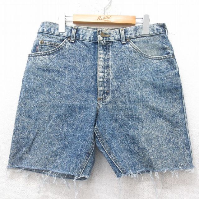 【50%OFF】W33★古着 ショート パンツ ショーツ メンズ 90年代 90s ケミカルウォッシュ コットン USA製 紺 ネイビー デニム 25jun26 中古 ボトムス 短パン ショーパン ハーフ
