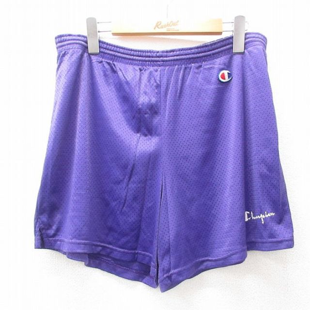 W32★古着 チャンピオン champion ショート イージー パンツ ショーツ メンズ 90年代 90s ワンポイントロゴ メッシュ地 USA製 紫 パープル 25jun27 中古 ボトムス 短パン ショーパン