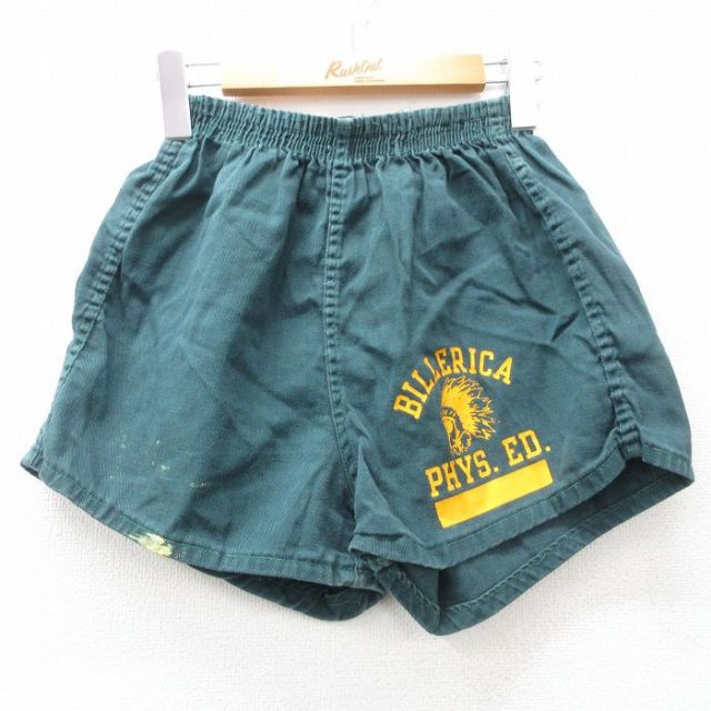 W28★古着 チャンピオン champion ショート トレーニング パンツ ショーツ メンズ 70年代 70s BILLERICA インディアンヘッド コットン USA製 緑 グリーン 【spe】 25jun30 中古 ボトムス 短パン ショーパン