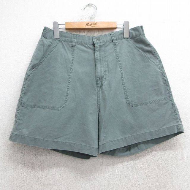W35★古着 ショート ベイカー パンツ ショーツ メンズ 90年代 90s コットン 薄緑 グリーン 25jul02 中古 ボトムス 短パン ショーパン