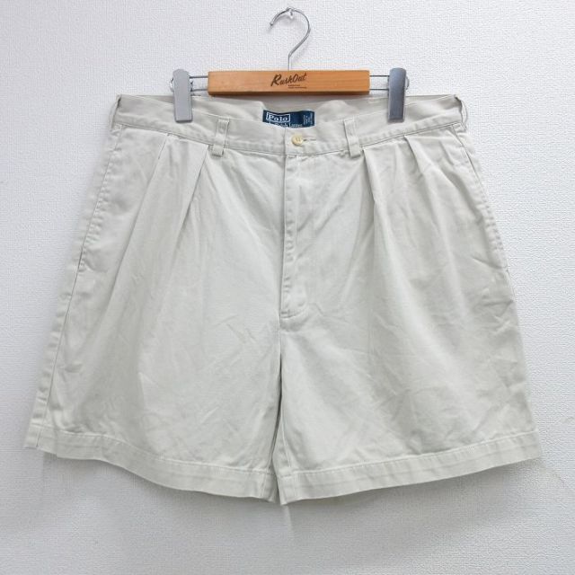 W35★古着 ラルフローレン Ralph Lauren ショート ブランド チノ パンツ チノパン ショーツ メンズ 90年代 90s ワンポイントロゴ ANDREW コットン 薄ベージュ カーキ 25jul02 中古 ボトムス 短パン ショーパン