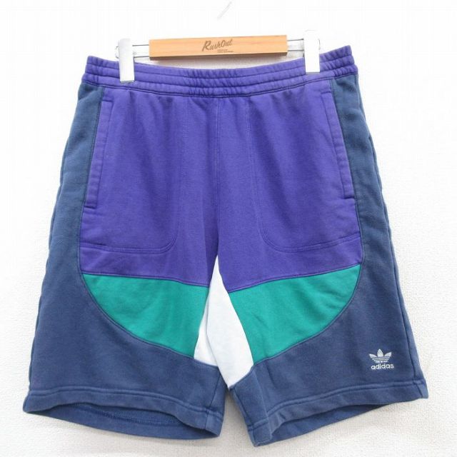 W33★古着 アディダス adidas ショート スウェット パンツ ショーツ メンズ ワンポイントロゴ リーフ トレフィル マルチカラー 紺他 ネイビー 【spe】 25jul04 中古 ボトムス 短パン ショーパン