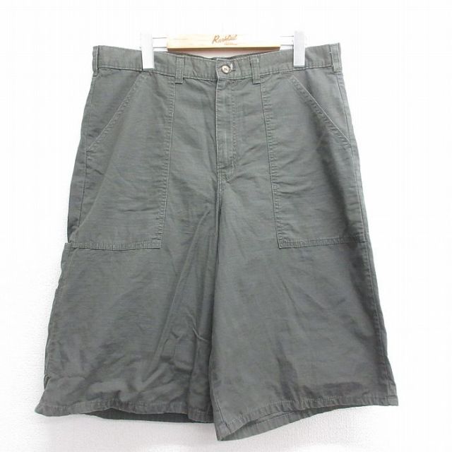 W34★古着 ディッキーズ Dickies ハーフ ベイカー パンツ ショーツ メンズ リップストップ コットン 濃緑系 グリーン 【spe】 25jul07 中古 ボトムス 短パン ショーパン