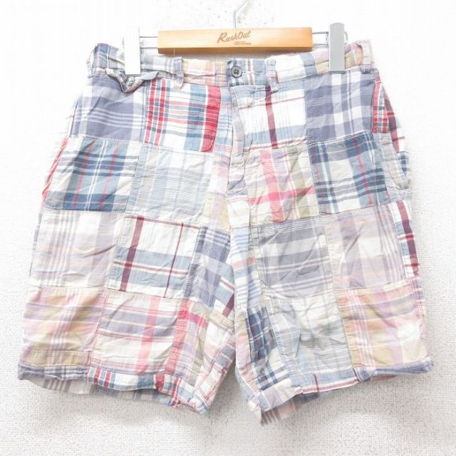 W29★古着 ラルフローレン Ralph Lauren ブランド ショート パンツ ショーツ メンズ 90年代 90s パッチワーク コットン 紺他 ネイビー チェック 【spe】 25jul07 中古 ボトムス 短パン ショーパン ハーフ