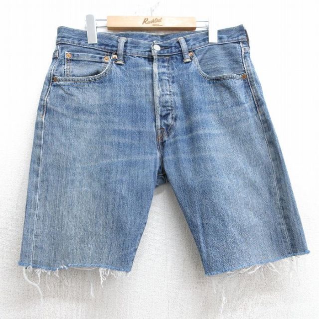 W35★古着 リーバイス Levis 501 ショート パンツ ショーツ メンズ ヒゲ コットン 紺 ネイビー デニム 25jul09 中古 ボトムス 短パン ショーパン ハーフ