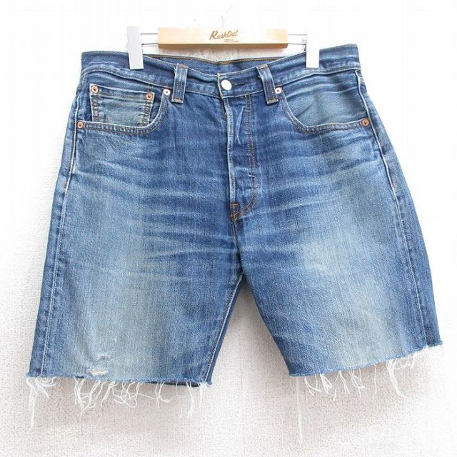 W33★古着 リーバイス Levis 501 ショート パンツ ショーツ メンズ ヒゲ コットン 紺 ネイビー デニム 25jul10 中古 ボトムス 短パン ショーパン ハーフ