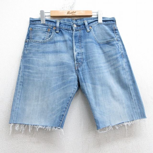 W33★古着 リーバイス Levis 501 ショート パンツ ショーツ メンズ ヒゲ コットン 紺 ネイビー デニム 25jul10 中古 ボトムス 短パン ショーパン ハーフ