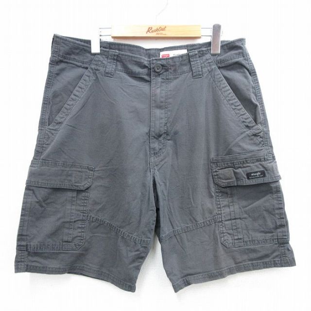 W34★古着 ラングラー Wrangler ショート カーゴ パンツ ショーツ メンズ リップストップ 濃グレー 25jul17 中古 ボトムス 短パン ショーパン