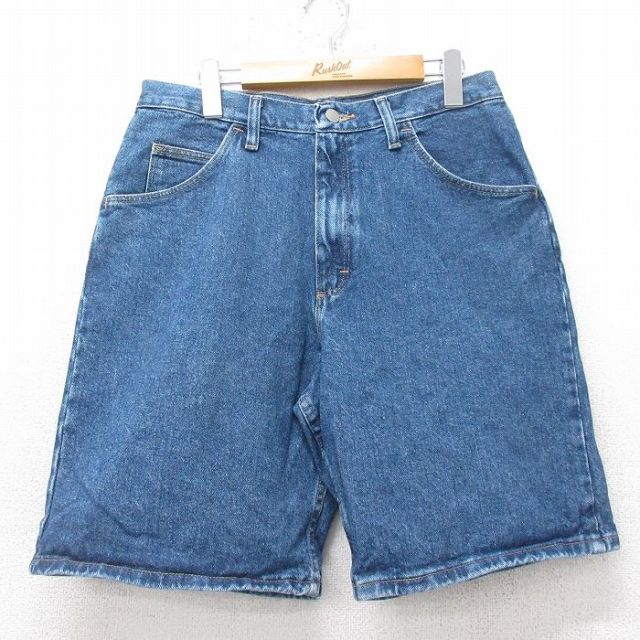 W32★古着 ラングラー Wrangler ショート パンツ ショーツ メンズ コットン 紺 ネイビー デニム 25jul17 中古 ボトムス 短パン ショーパン ハーフ