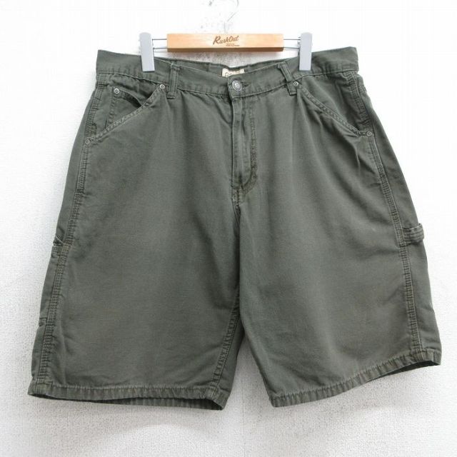 【50%OFF】W35★古着 ショート ペインター パンツ ショーツ メンズ ダック地 コットン 濃緑 グリーン 25jul18 中古 ボトムス 短パン ショーパン