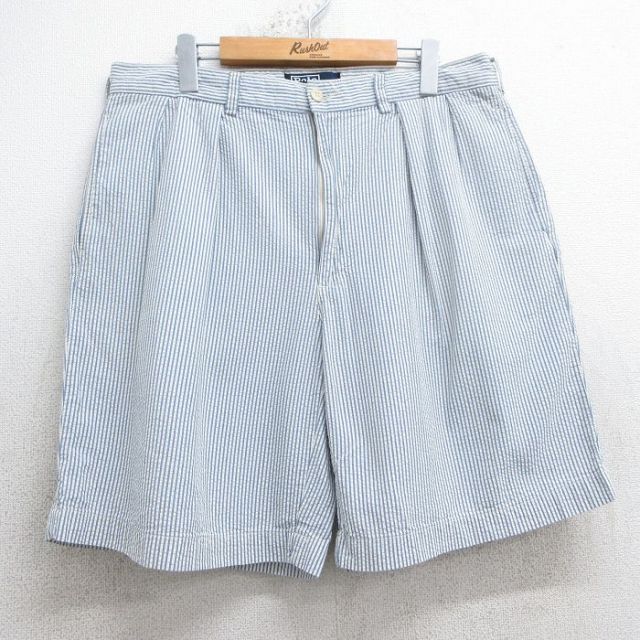 【20%OFF】W34★古着 ラルフローレン Ralph Lauren ブランド ショート パンツ ショーツ メンズ 90年代 90s シアサッカー コットン 薄紺他 ネイビー ストライプ 【spe】 25jul18 中古 ボトムス 短パン ショーパン ハーフ