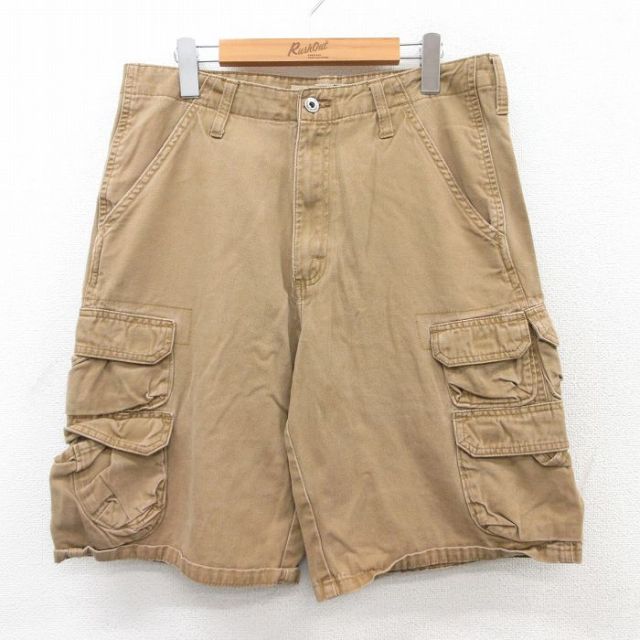 W32★古着 ラングラー Wrangler ショート カーゴ パンツ ショーツ メンズ コットン ベージュ カーキ 25jul18 中古 ボトムス 短パン ショーパン
