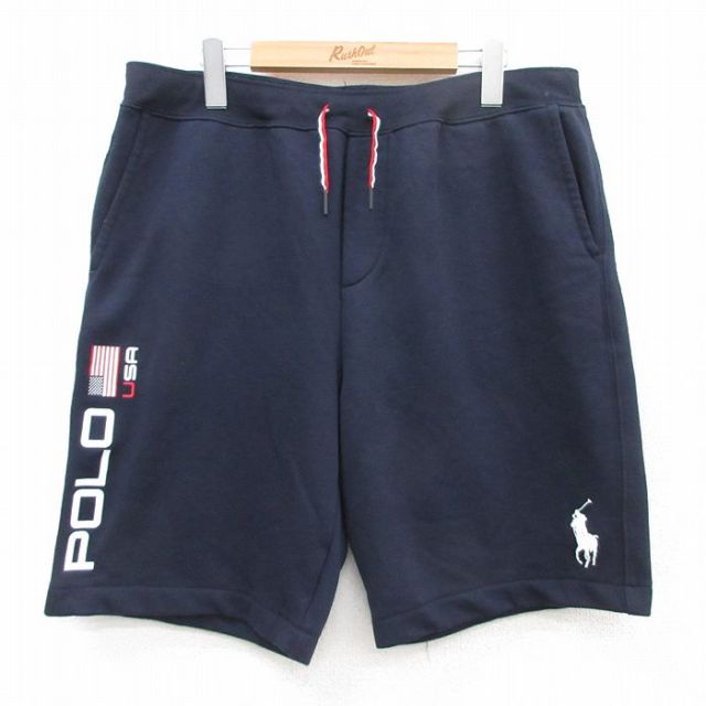W37★古着 ラルフローレン Ralph Lauren ショート スウェット パンツ ショーツ メンズ ビッグロゴ 紺 ネイビー 【spe】 25jul18 中古 ボトムス 短パン ショーパン
