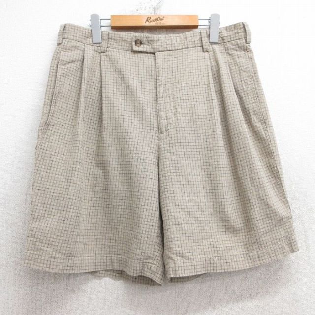 W34★古着 バンヒューセン ショート パンツ ショーツ メンズ リネン ベージュ他 カーキ チェック 25jul30 中古 ボトムス 短パン ショーパン ハーフ