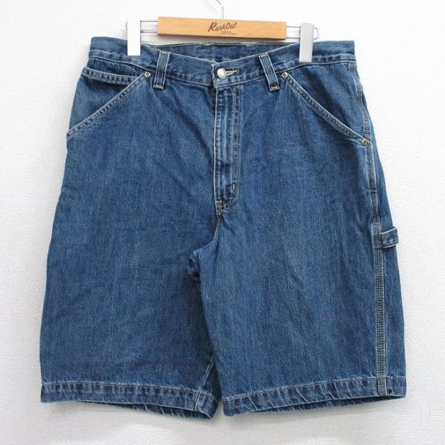 【50%OFF】W34★古着 ショート ペインター パンツ ショーツ メンズ コットン 紺 ネイビー デニム 25jul30 中古 ボトムス 短パン ショーパン