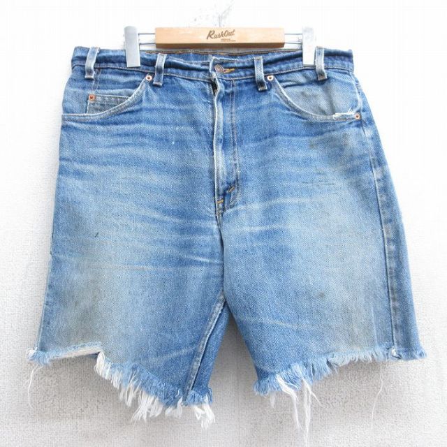 W34★古着 リーバイス Levis 505 ショート パンツ ショーツ メンズ 00年代 00s ヒゲ 紺 ネイビー デニム 【spe】 25jul31 中古 ボトムス 短パン ショーパン ハーフ