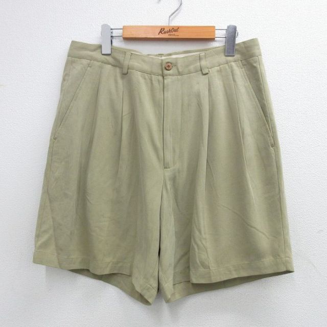W33★古着 ショート パンツ ショーツ メンズ シルク ベージュ系 カーキ 25aug02 中古 ボトムス 短パン ショーパン ハーフ
