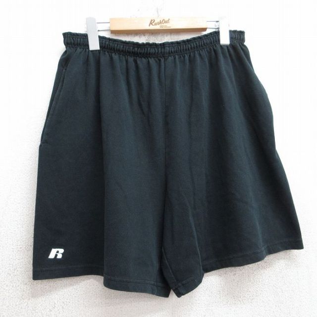 W36★古着 ラッセル ショート イージー パンツ ショーツ メンズ 80年代 80s ワンポイントロゴ 黒 ブラック 25aug05 中古 ボトムス 短パン ショーパン