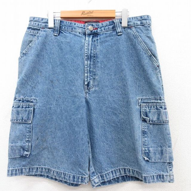 【50%OFF】W36★古着 ショート カーゴ パンツ ショーツ メンズ コットン 紺 ネイビー デニム 25aug05 中古 ボトムス 短パン ショーパン