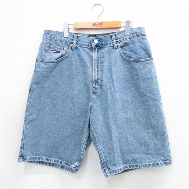 【20%OFF】W36★古着 トミーヒルフィガー TOMMY HILFIGER ブランド ショート パンツ ショーツ メンズ 90年代 90s ワンポイントロゴ コットン 紺 ネイビー デニム 25aug12 中古 ボトムス 短パン ショーパン ハーフ