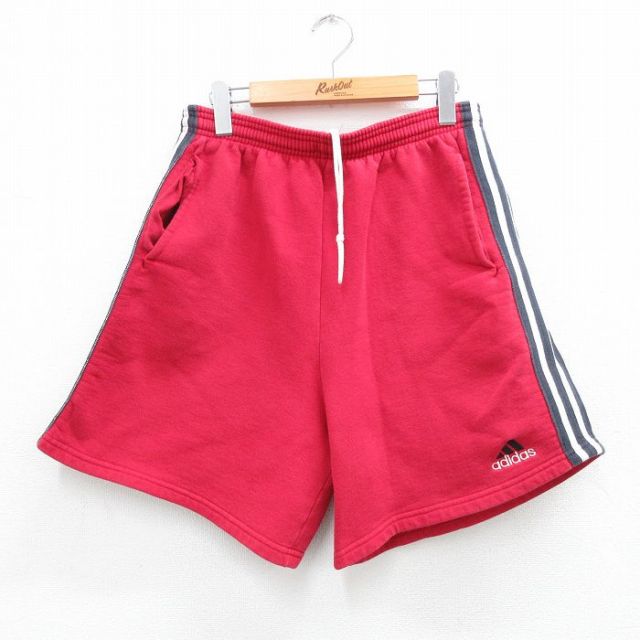 W33★古着 アディダス adidas ショート スウェット パンツ ショーツ メンズ 90年代 90s ワンポイントロゴ USA製 赤 レッド 3本ライン 【spe】 25aug12 中古 ボトムス 短パン ショーパン