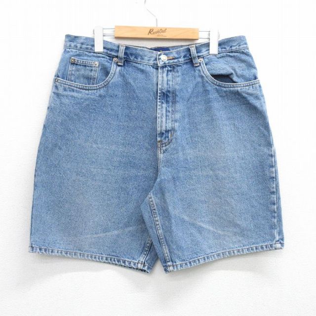 W35★古着 ショート パンツ ショーツ メンズ コットン 紺 ネイビー デニム 25aug12 中古 ボトムス 短パン ショーパン ハーフ