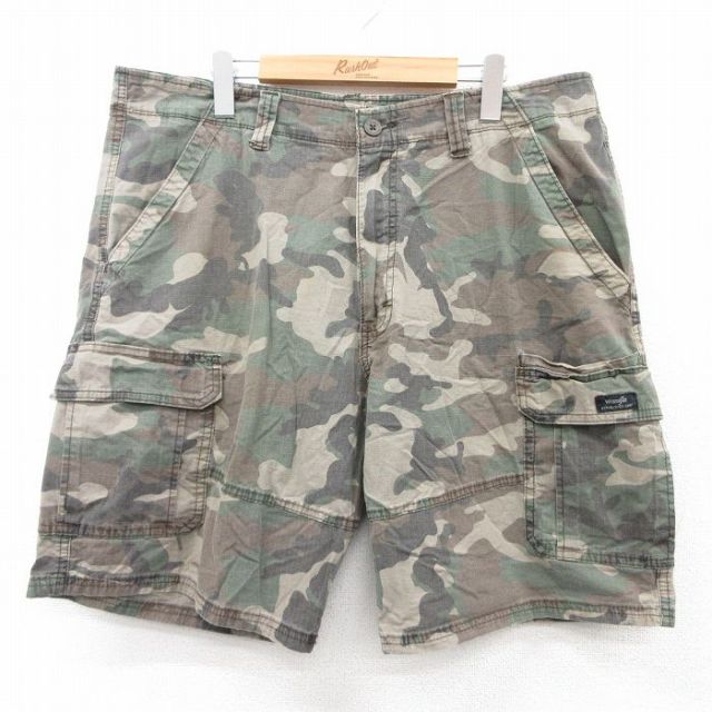 W38★古着 ラングラー Wrangler ショート カーゴ パンツ ショーツ メンズ 緑他 グリーン 迷彩 25aug21 中古 ボトムス 短パン ショーパン