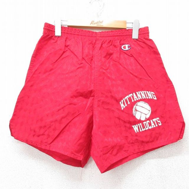 W33★古着 チャンピオン Champion ナイロン ショート パンツ ショーツ メンズ 90年代 90s KITTANNING バレーボール USA製 赤 レッド 25aug28 中古 ボトムス 短パン ショーパン ハーフ