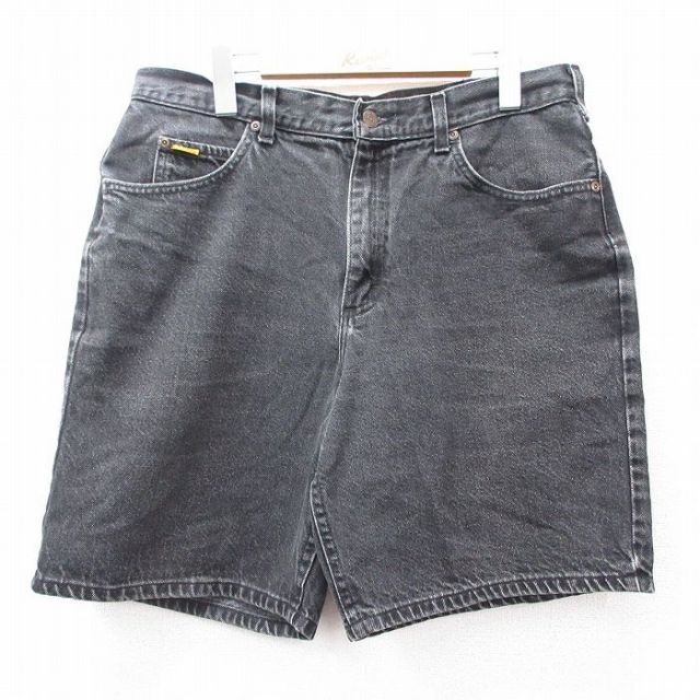 W36★古着 リー Lee ショート パンツ ショーツ メンズ ヒゲ コットン 黒 ブラック デニム 25sep02 中古 ボトムス 短パン ショーパン ハーフ
