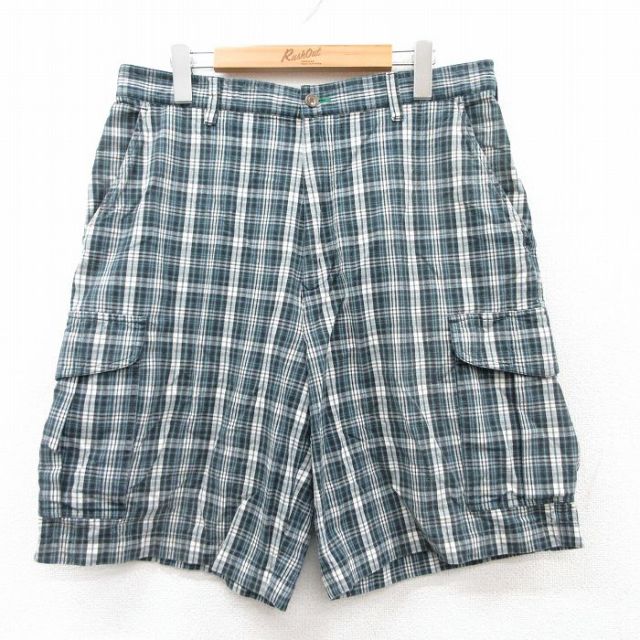 【20%OFF】W33★古着 トミーヒルフィガー TOMMY HILFIGER ブランド ショート カーゴ パンツ ショーツ メンズ 90年代 90s ワンポイントロゴ コットン 緑他 グリーン チェック 25sep02 中古 ボトムス 短パン ショーパン