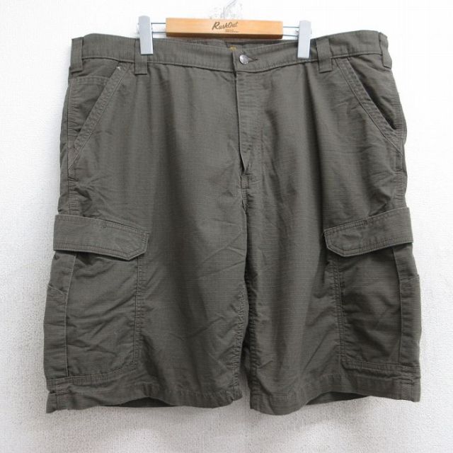 W42★古着 カーハート Carhartt ショート カーゴ パンツ ショーツ メンズ リップストップ 大きいサイズ 濃緑 グリーン 25sep03 中古 ボトムス 短パン ショーパン