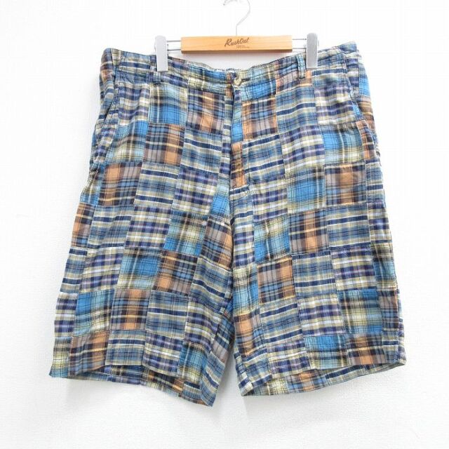 W38 ショートパンツ パッチワーク ブルーチェック | 古着