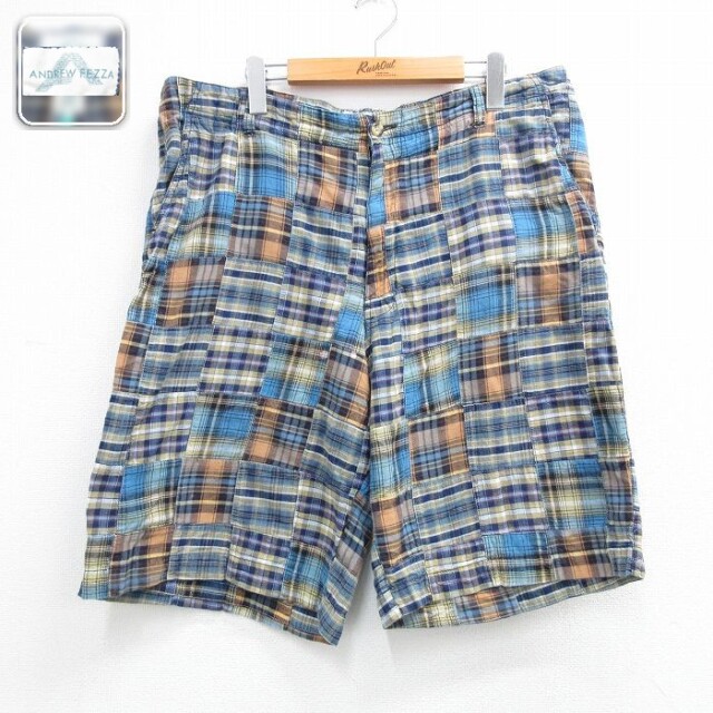 W38 ショートパンツ パッチワーク ブルーチェック | 古着