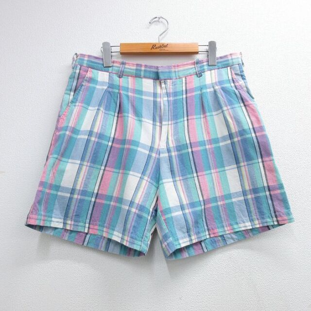 90s ショートパンツ チェック ライトブルー 実寸W35 | 古着