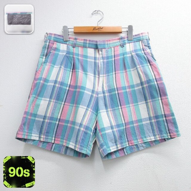 【20%OFF】90s ショートパンツ チェック ライトブルー 実寸W35 | 古着