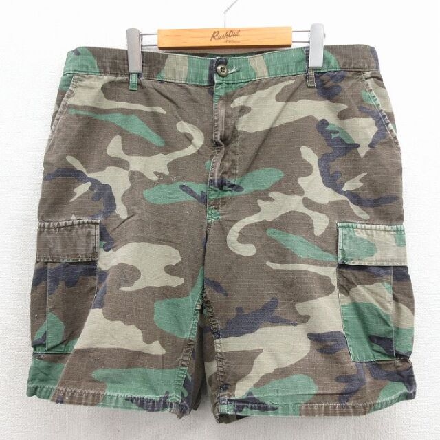 W38★古着 ショート ミリタリー カーゴ パンツ ショーツ メンズ 90年代 90s コンバット リップストップ ウッドランドカモ コットン グリーン 迷彩【spe】 26jun16