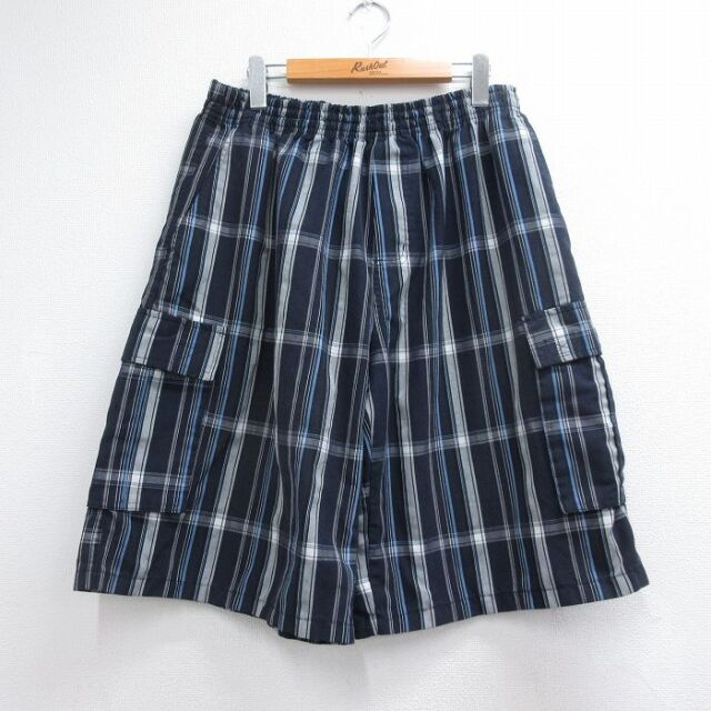 実寸W35 ショートカーゴパンツ ネイビーチェック | 古着