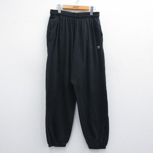 W35★古着 チャンピオン champion イージー パンツ メンズ ワンポイントロゴ コットン 黒 ブラック 25apr25 中古 ボトムス ロング