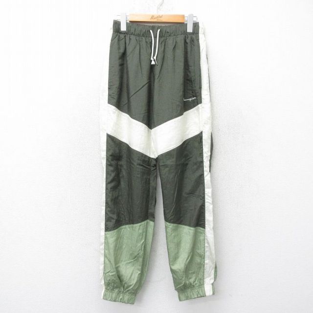 W30★古着 チャンピオン champion ナイロン パンツ メンズ ワンポイントロゴ マルチカラー 濃緑他 グリーン 内側メッシュ 25jul14 中古 ボトムス ロング
